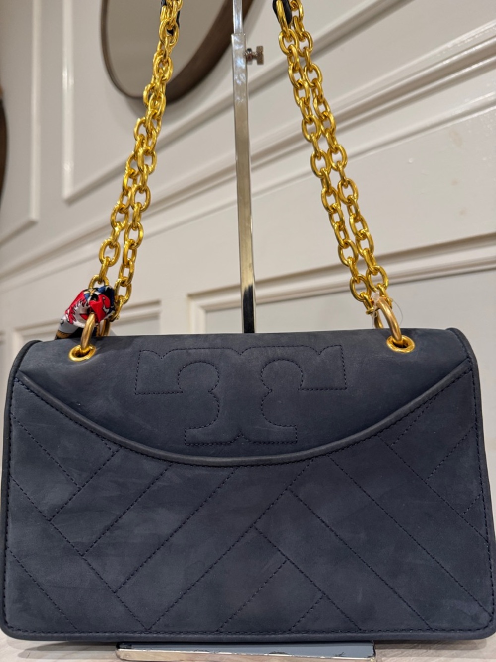 Tory Burch Bag Alexa Convertible Nubuck Suede Dark Navy Chevron Shoulder Bag - Picture 5 of 17